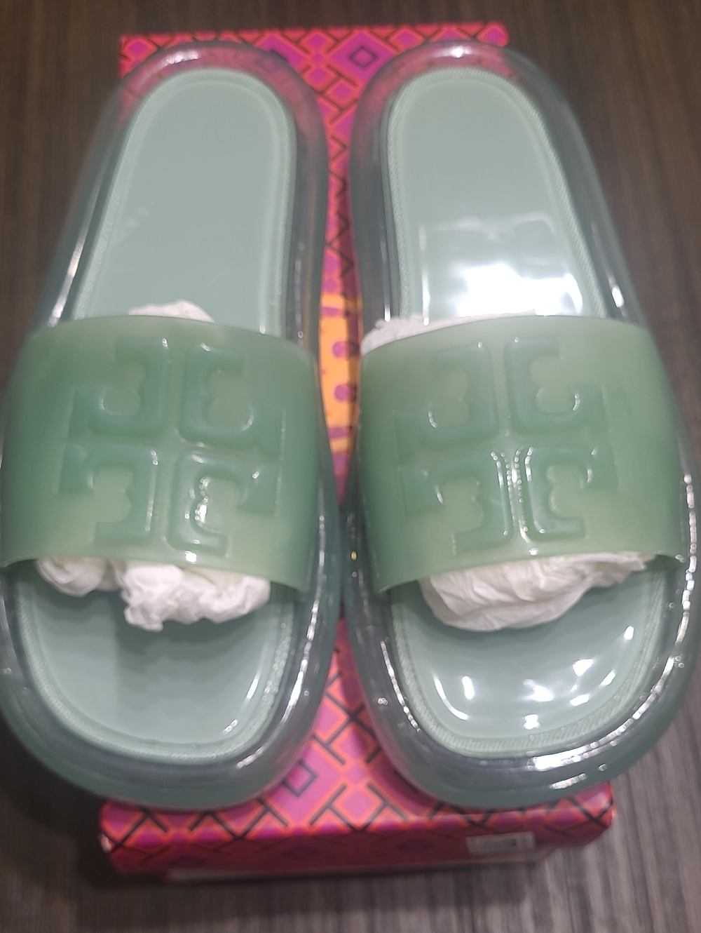 Tory Burch Mint Green Logo Slide Sandals